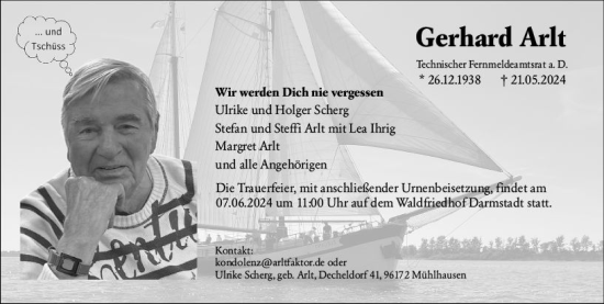 Traueranzeige von Gerhard Arlt von Darmstädter Echo