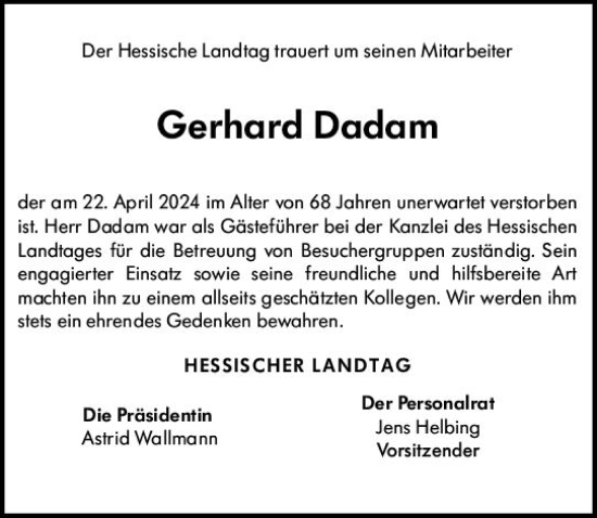 Traueranzeige von Gerhard Dadam von Wiesbadener Kurier