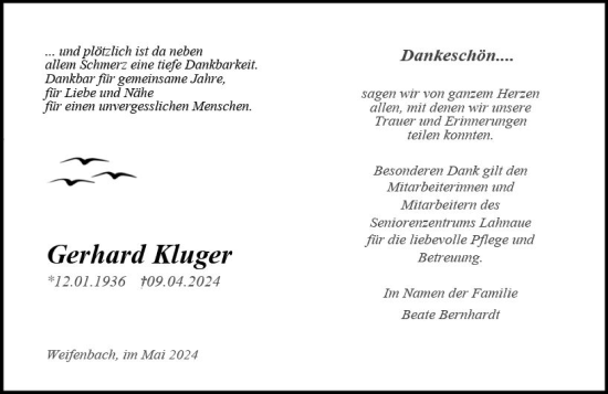 Traueranzeige von Gerhard Kluger von Hinterländer Anzeiger