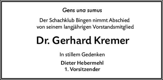 Traueranzeige von Gerhard Kremer von Allgemeine Zeitung Bingen/Ingelheim