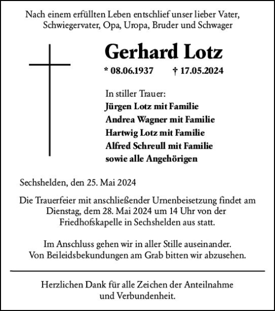 Traueranzeige von Gerhard Lotz von Dill Block