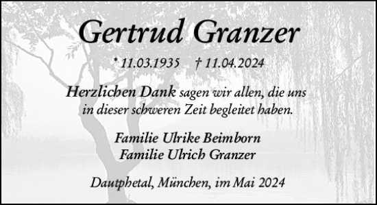 Traueranzeige von Gertru Granzer von Hinterländer Anzeiger
