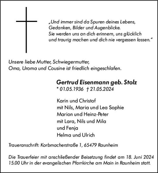 Traueranzeige von Gertrud Eisenmann von Rüsselsheimer Echo