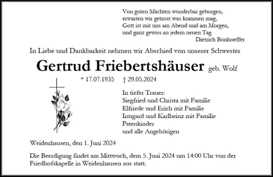 Traueranzeige von Gertrud Friebertshäuser von Hinterländer Anzeiger