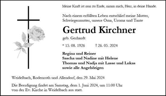 Traueranzeige von Gertrud Kirchner von Dill Block