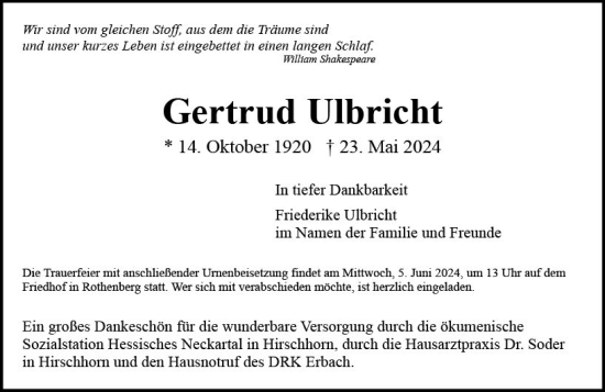 Traueranzeige von Gertrud Ulbricht von Odenwälder Echo