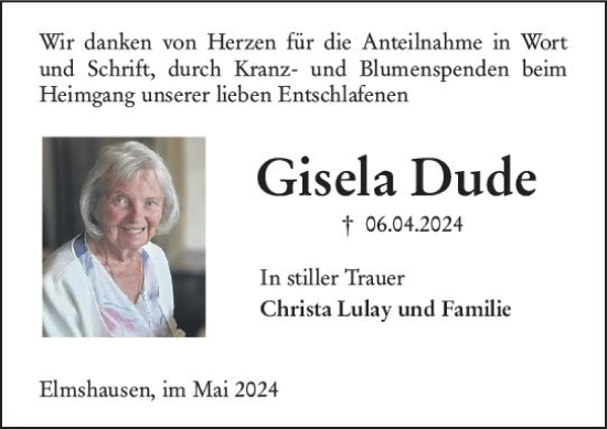 Traueranzeige von Gisela Dude von Starkenburger Echo