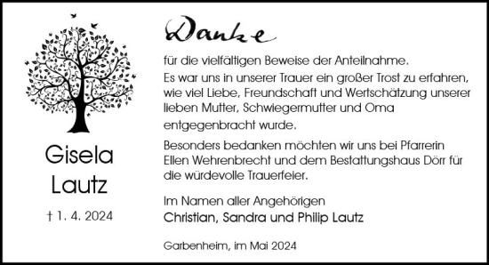 Traueranzeige von Gisela Lautz von Wetzlarer Neue Zeitung