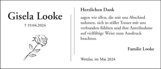 Traueranzeige von Gisela Looke von Wetzlarer Neue Zeitung