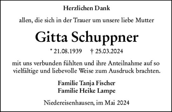 Traueranzeige von Gitta Schuppner von Hinterländer Anzeiger