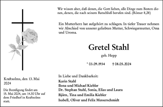 Traueranzeige von Gretel Stahl von Wetzlarer Neue Zeitung