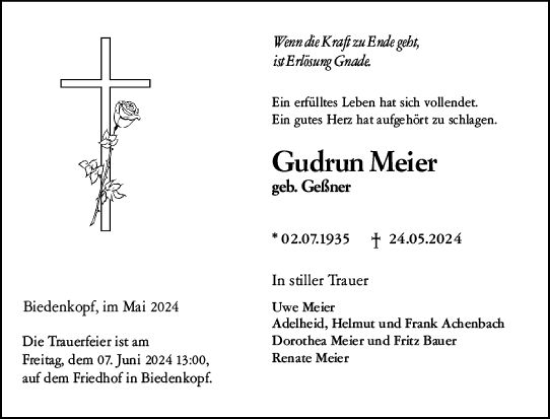 Traueranzeige von Gudrun Meier von Hinterländer Anzeiger