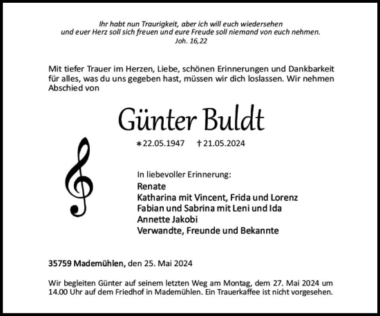 Traueranzeige von Günter Buldt von Dill Block