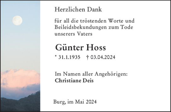 Traueranzeige von Günter Hoss von Dill Block