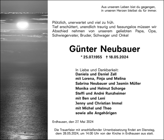 Traueranzeige von Günter Neubauer von Hinterländer Anzeiger