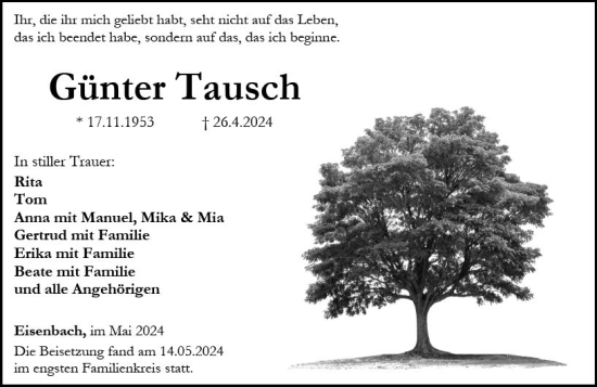 Traueranzeige von Günter Tausch von Camberger Anzeiger