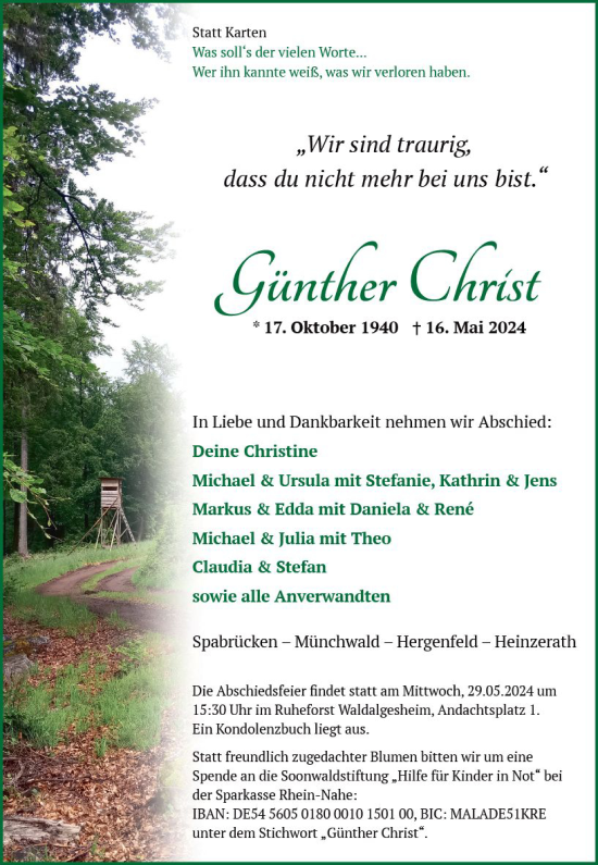 Traueranzeige von Günther Christ von Allgemeine Zeitung Bad Kreuznach