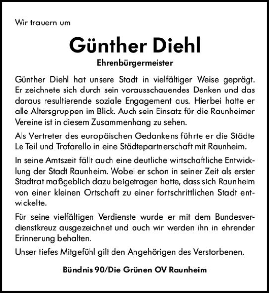 Traueranzeige von Günther Diehl von Rüsselsheimer Echo