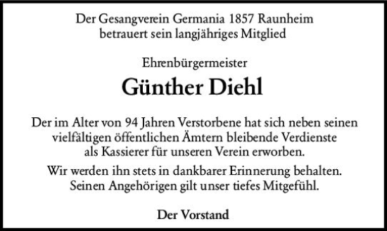 Traueranzeige von Günther Diehl von Rüsselsheimer Echo