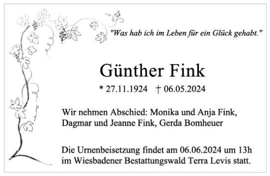 Traueranzeige von Günther Fink von Rheingau Kurier
