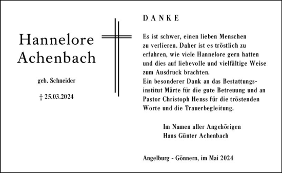 Traueranzeige von Hannelore Achenbach von Hinterländer Anzeiger