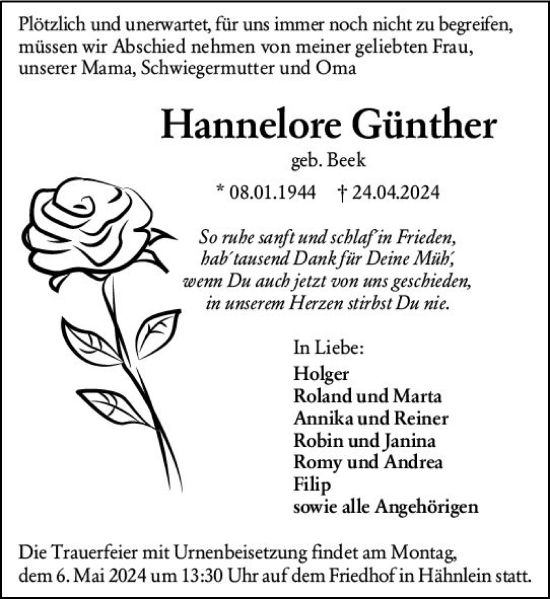 Traueranzeige von Hannelore Günther von Darmstädter Echo