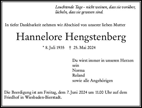 Traueranzeige von Hannelore Hengstenberg von Wiesbadener Kurier