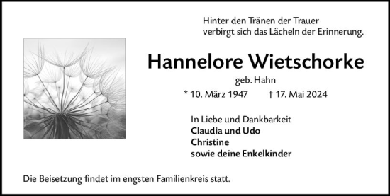 Traueranzeige von Hannelore Wietschorke von Rüsselsheimer Echo