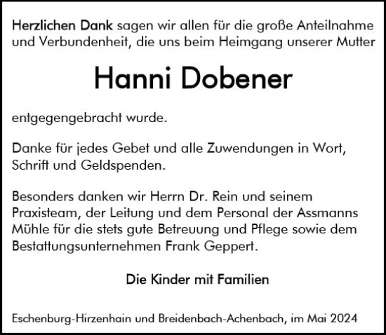 Traueranzeige von Hanni Dobener von Hinterländer Anzeiger