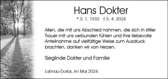 Traueranzeige von Hans Dokter von Wetzlarer Neue Zeitung