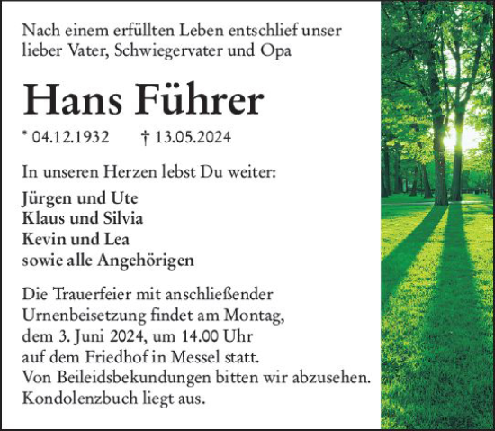 Traueranzeige von Hans Führer von Darmstädter Echo