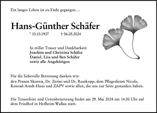 Traueranzeige von Hans-Günther Schäfer von Wiesbadener Kurier
