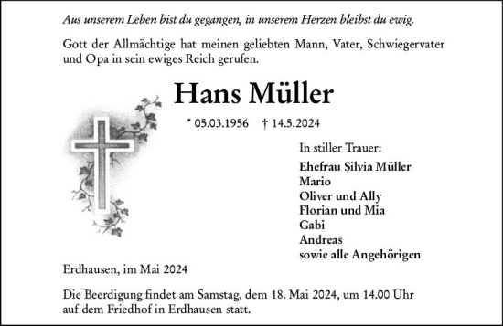 Traueranzeige von Hans Müller von Hinterländer Anzeiger