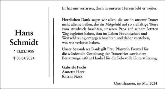 Traueranzeige von Hans Schmidt von Hinterländer Anzeiger