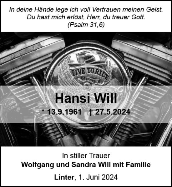 Traueranzeige von Hansi Will von Nassauische Neue Presse