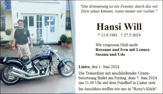 Traueranzeige von Hansi Will von Nassauische Neue Presse