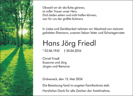 Traueranzeige von Hans Jörg Friedl von Weilburger Tageblatt