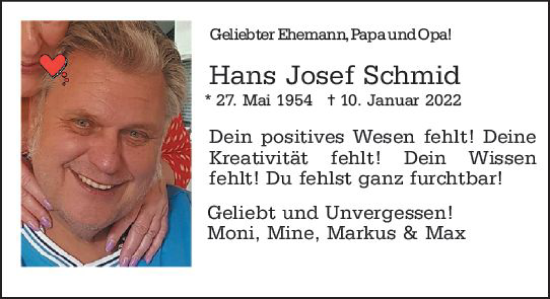 Traueranzeige von Hans Josef Schmid von Allgemeine Zeitung Mainz
