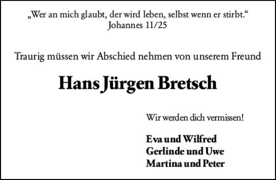 Traueranzeige von Hans Jürgen Bretsch von Dill Block