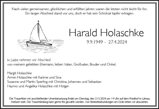 Traueranzeige von Harald Flolaschle von Wetzlarer Neue Zeitung