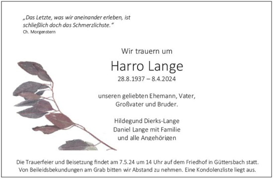 Traueranzeige von Harro Lange von Odenwälder Echo