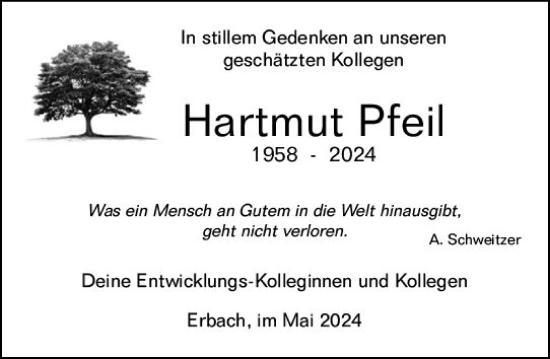 Traueranzeige von Hartmut Pfeil von Odenwälder Echo