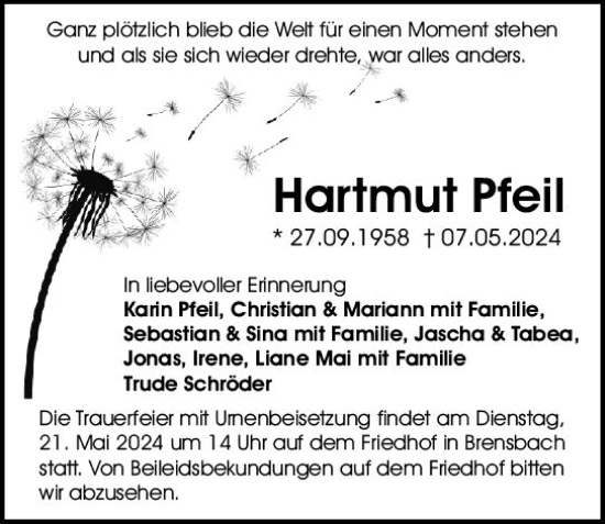 Traueranzeige von Hartmut Pfeil von Odenwälder Echo