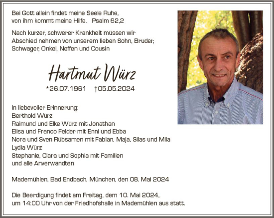 Traueranzeige von Hartmut Würz von Dill Block