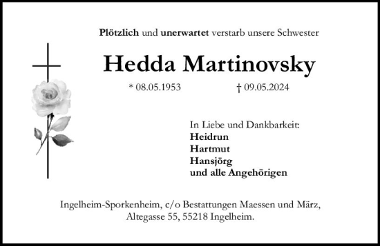 Traueranzeige von Hedda Martinovsky von Allgemeine Zeitung Bingen/Ingelheim