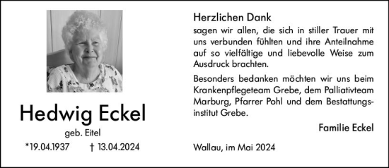 Traueranzeige von Hedwig Eckel von Hinterländer Anzeiger