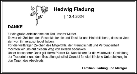Traueranzeige von Hedwig Fladung von Wiesbadener Kurier