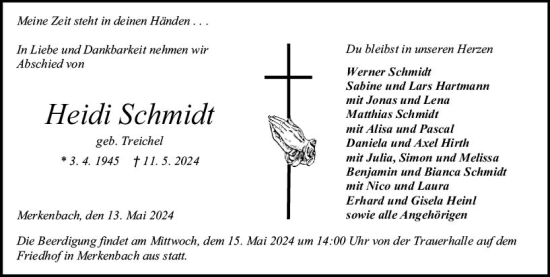 Traueranzeige von Heidi Schmidt von Dill Block