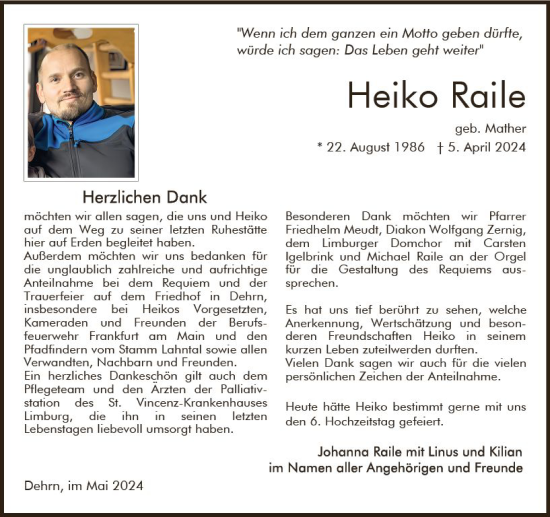 Traueranzeige von Heiko Raile von Nassauische Neue Presse