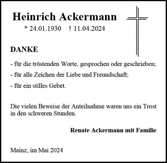 Traueranzeige von Heinrich Ackermann von Allgemeine Zeitung Mainz